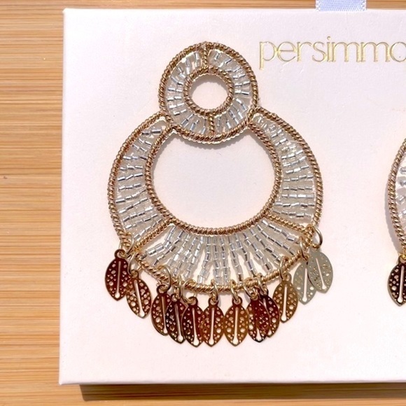 Brand New Persimmon Glass Beaded Gold Tone Leaf Round Drop Earrings Lightweight - Picture 5 of 14